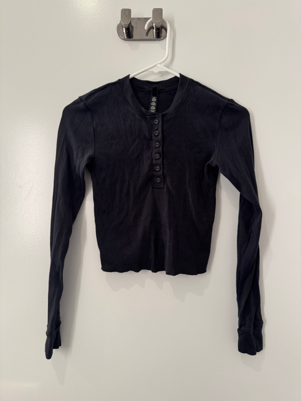 Black Long Sleeve Ribbed Henley Top